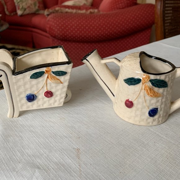 Vintage Occupied Japan set Wheel Barrow Watering Can Mini Planter Succulent - Picture 5 of 6